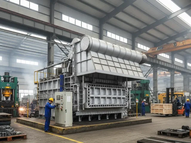 Yüksek Verimli Alüminyum Ergitme Fırını "Büyük bir fabrika ortamında bulunan, yüksek kapasiteli bir alüminyum ergitme fırını."