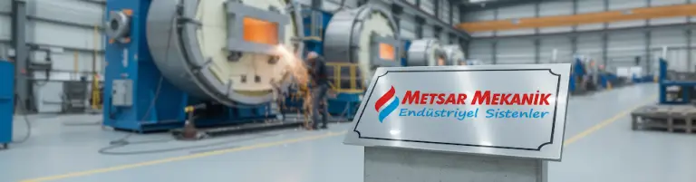 Endüstriyel fırın üretim atölyesi ve Metsar Mekanik logosu.